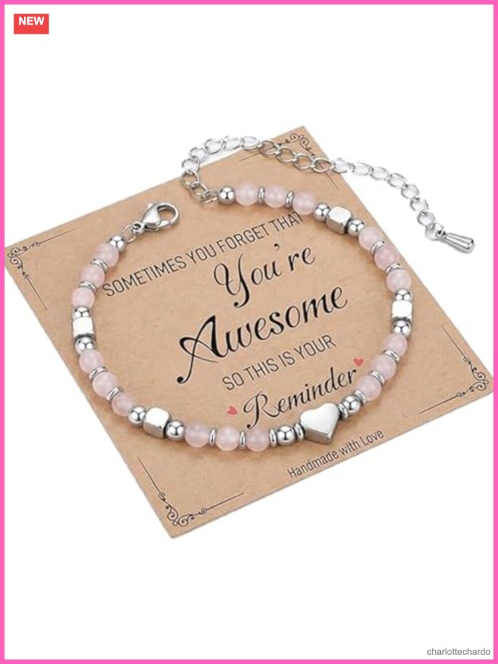 Stainless Steel Beaded Heart Bracelet Adjustable Simulated Rose Quartz Natural